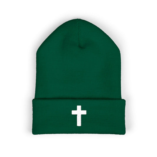 Embroidered Cross Cuffed Beanie — Classic Christian Knit Hat