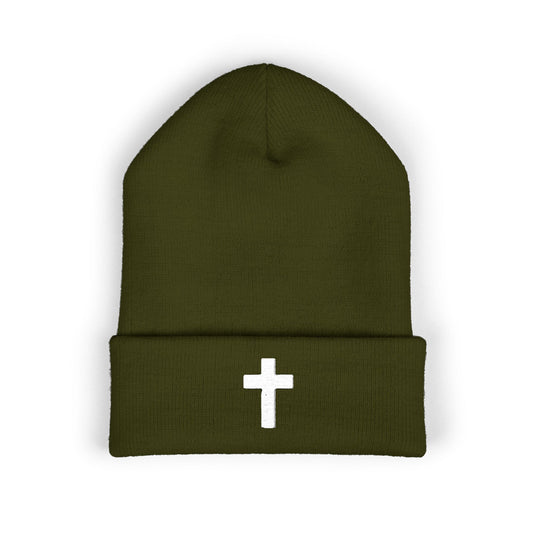 Embroidered Cross Cuffed Beanie — Classic Christian Knit Hat