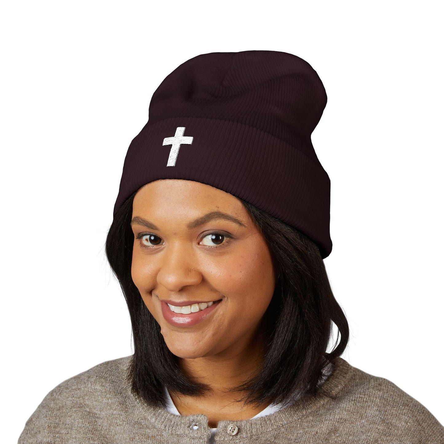 Embroidered Cross Cuffed Beanie — Classic Christian Knit Hat
