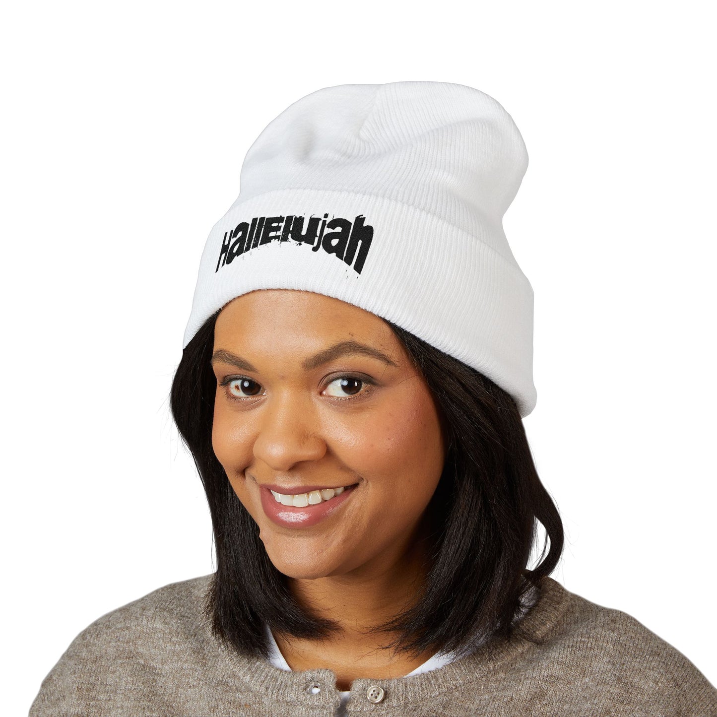 Hallelujah Embroidered Cuffed Beanie — Classic Knit Winter Hat