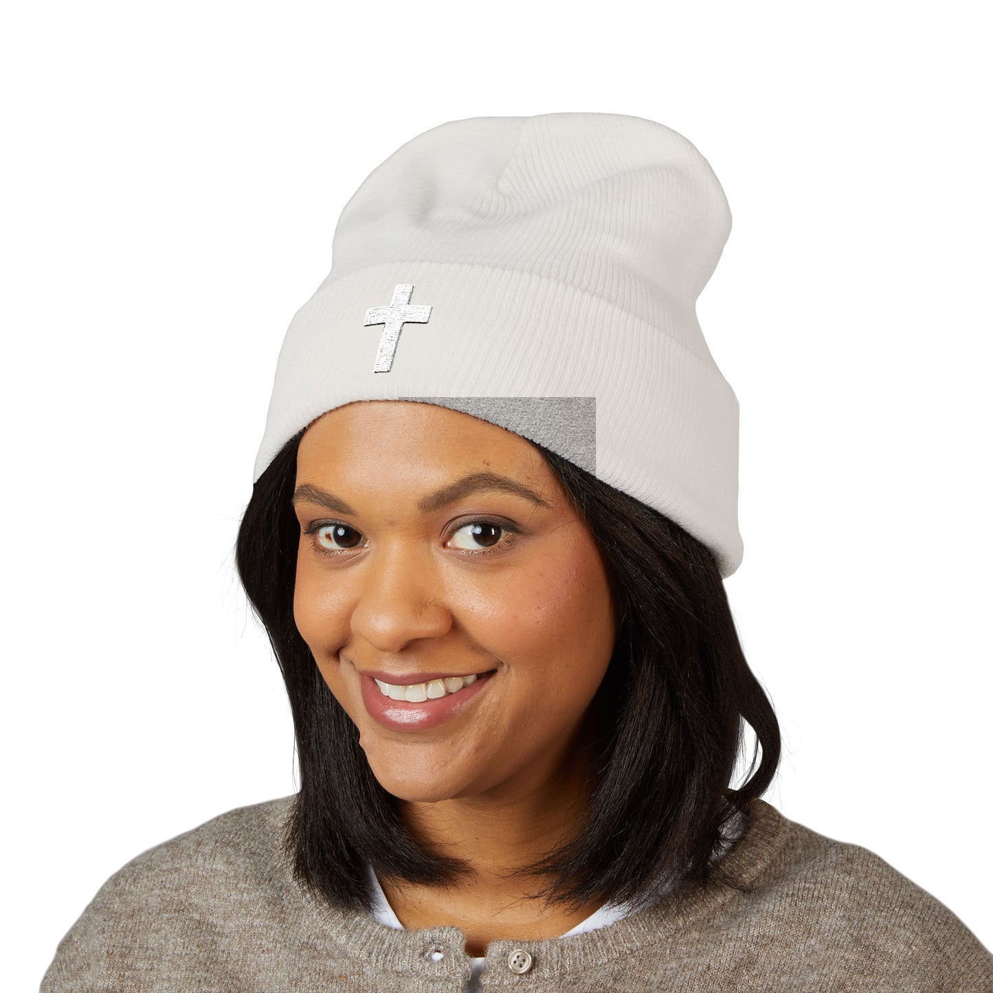 Embroidered Cross Cuffed Beanie — Classic Christian Knit Hat