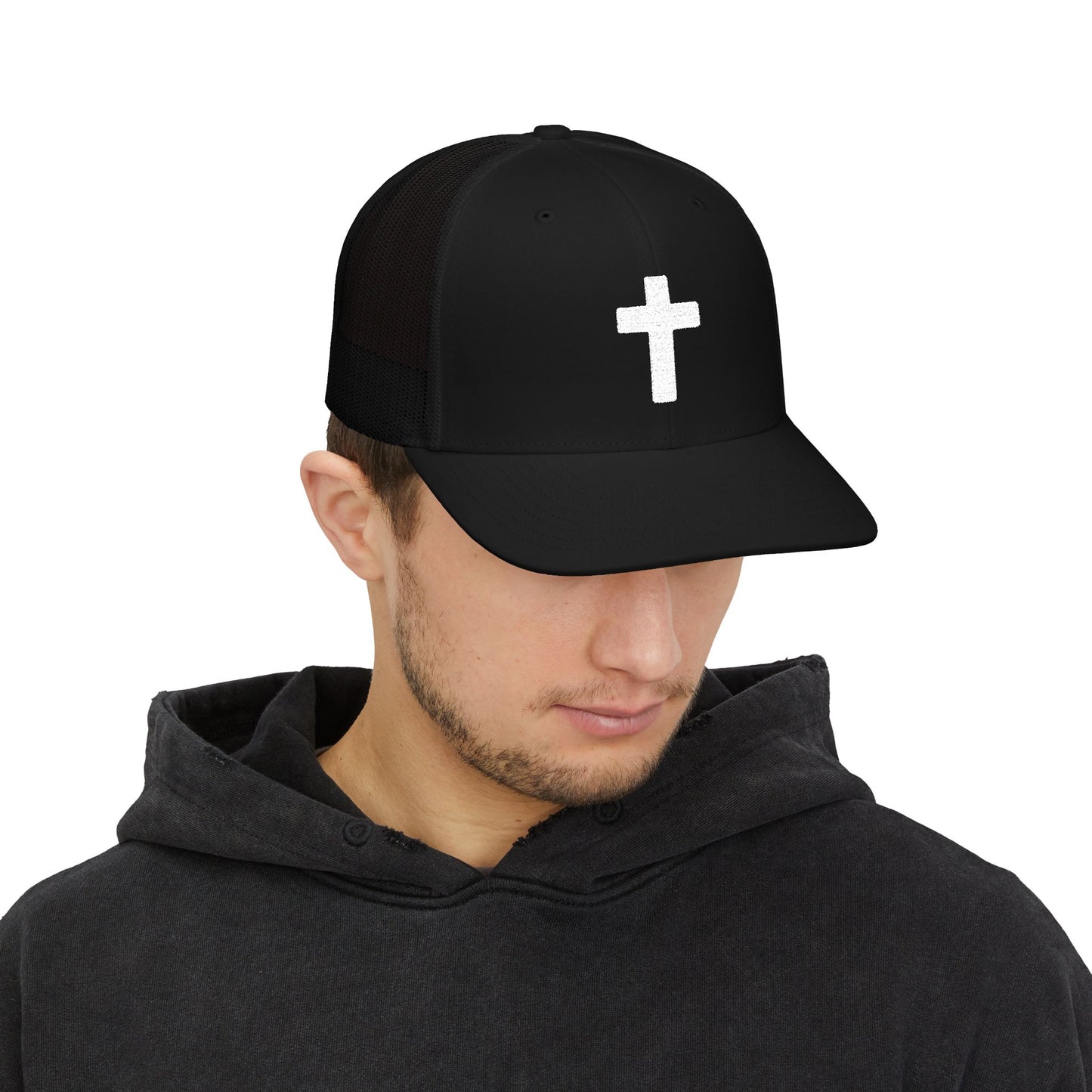 Embroidered Cross Trucker Snapback Cap — Christian Faith Mesh Hat