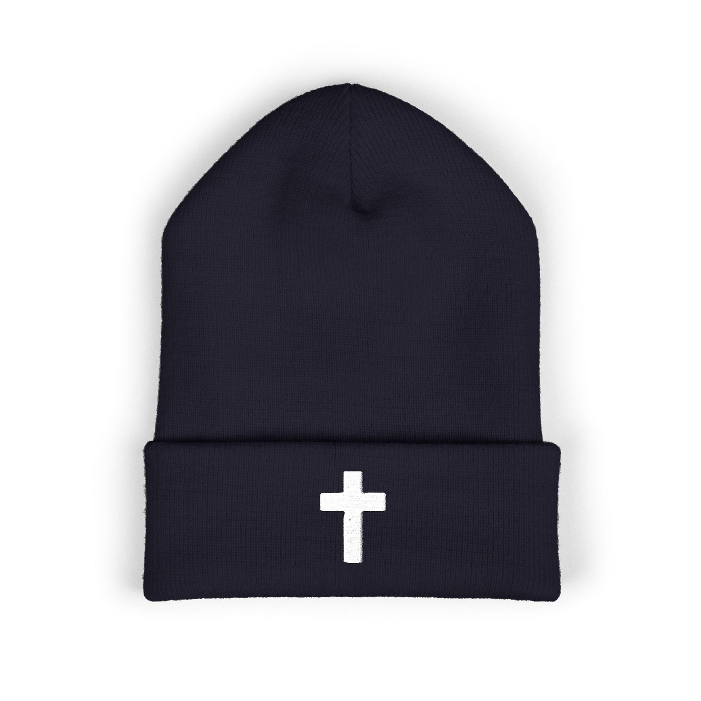 Embroidered Cross Cuffed Beanie — Classic Christian Knit Hat