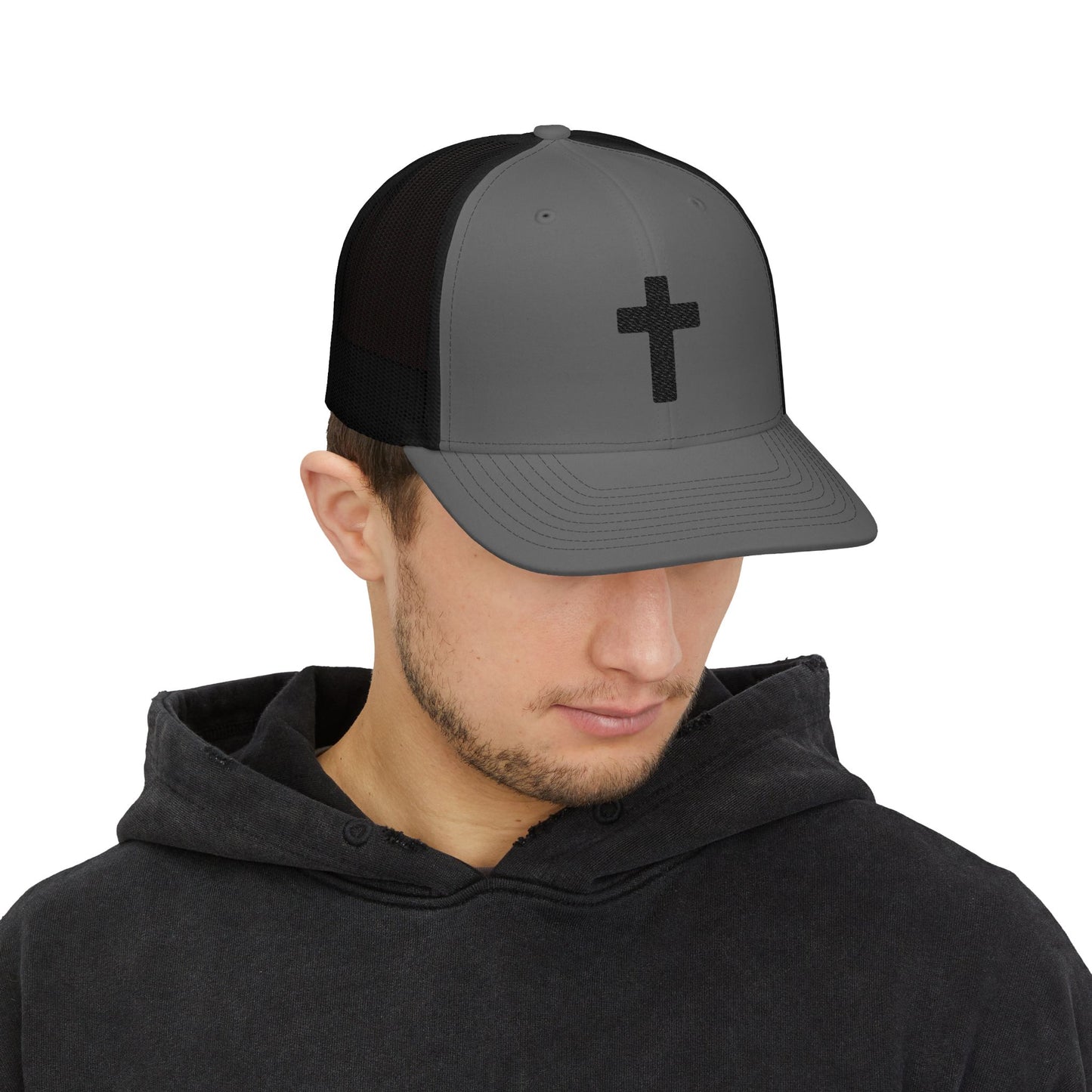 Embroidered Cross Trucker Hat – Mesh Snapback Cap for Faith & Everyday Wear