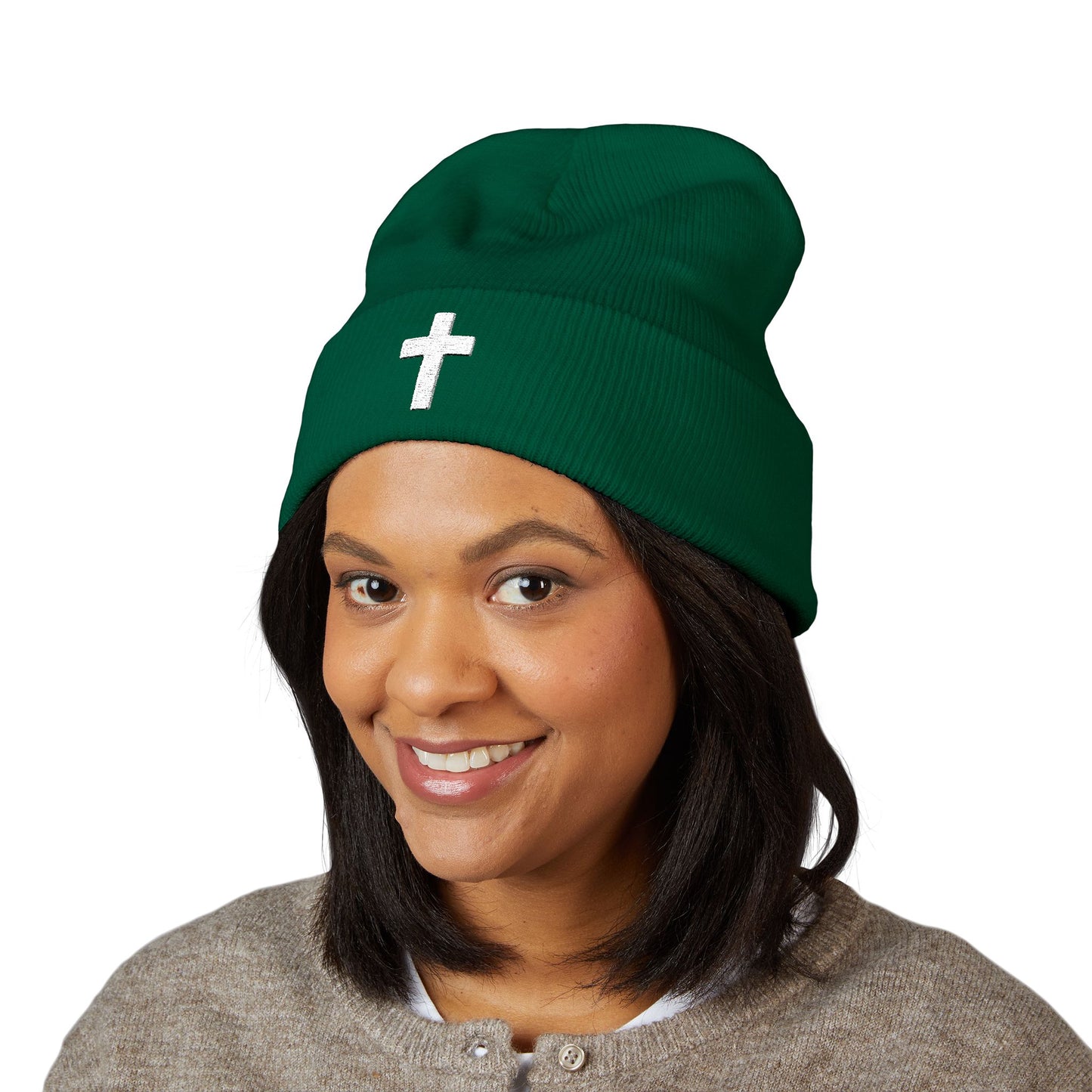 Embroidered Cross Cuffed Beanie — Classic Christian Knit Hat