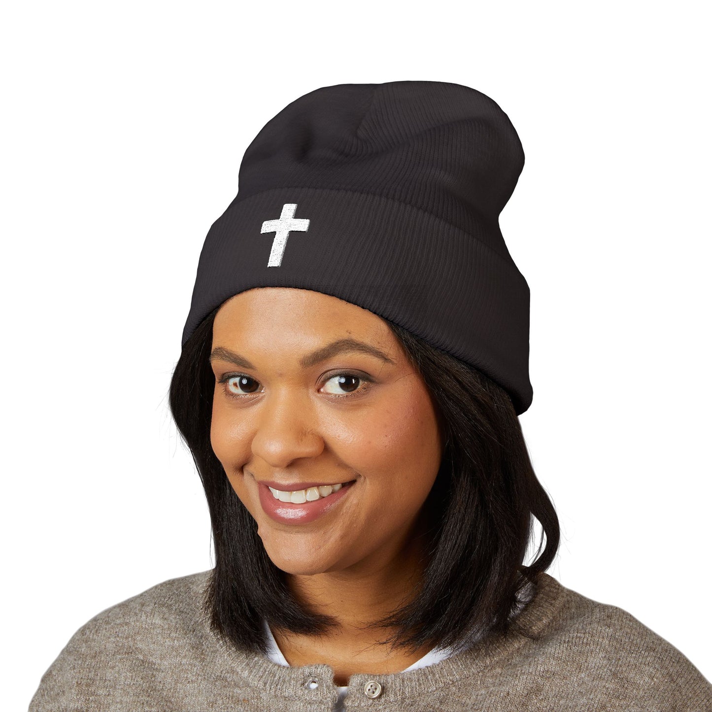 Embroidered Cross Cuffed Beanie — Classic Christian Knit Hat