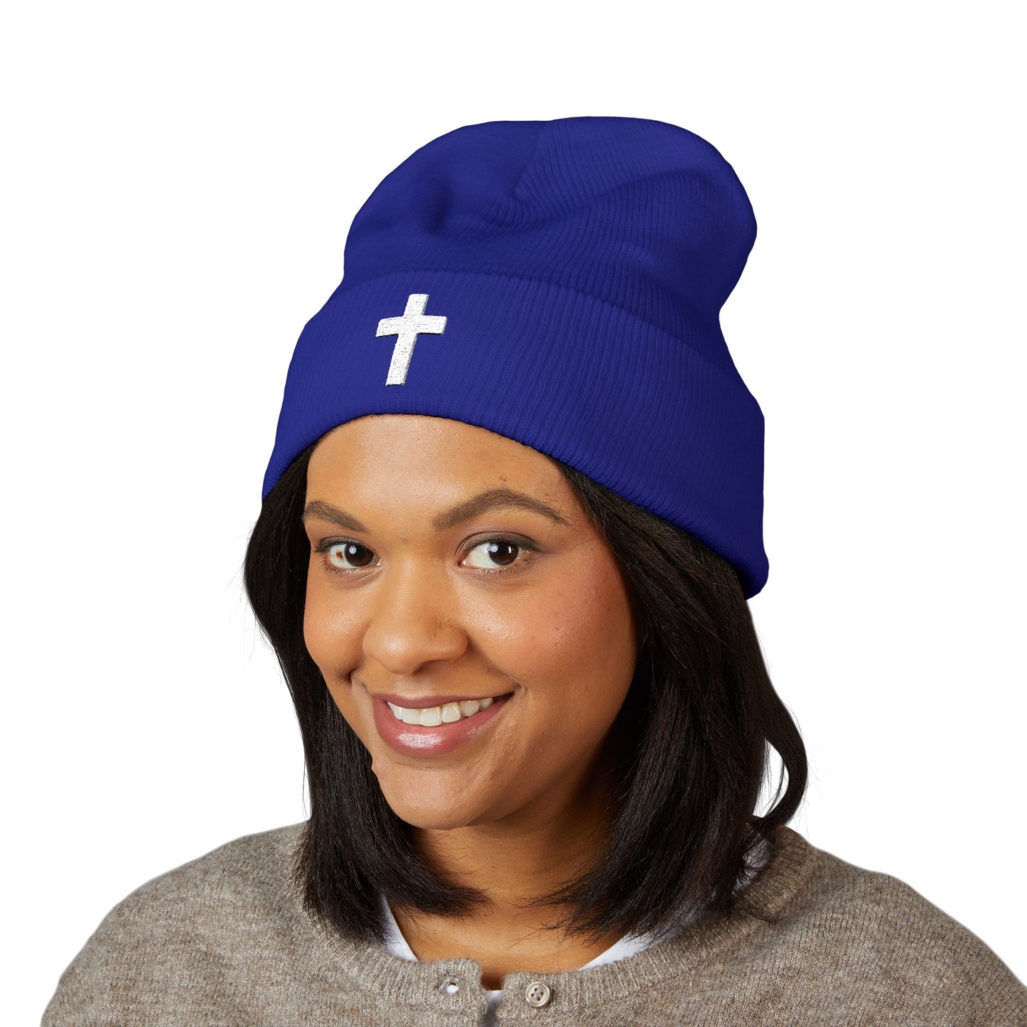 Embroidered Cross Cuffed Beanie — Classic Christian Knit Hat