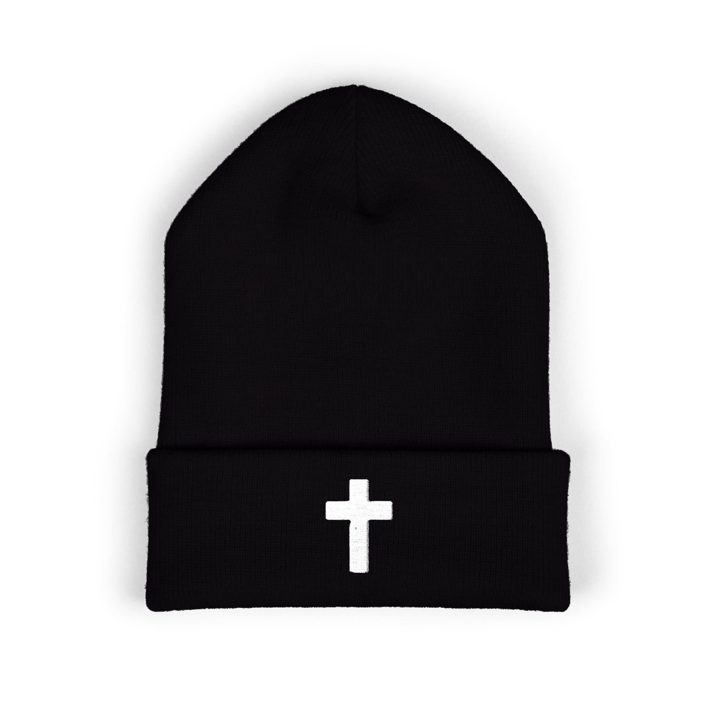 Embroidered Cross Cuffed Beanie — Classic Christian Knit Hat
