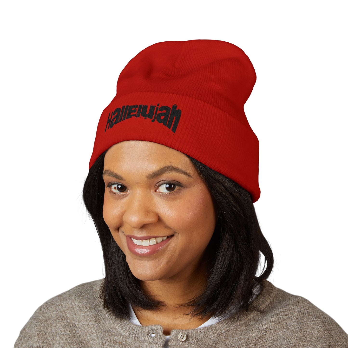 Hallelujah Embroidered Cuffed Beanie — Classic Knit Winter Hat