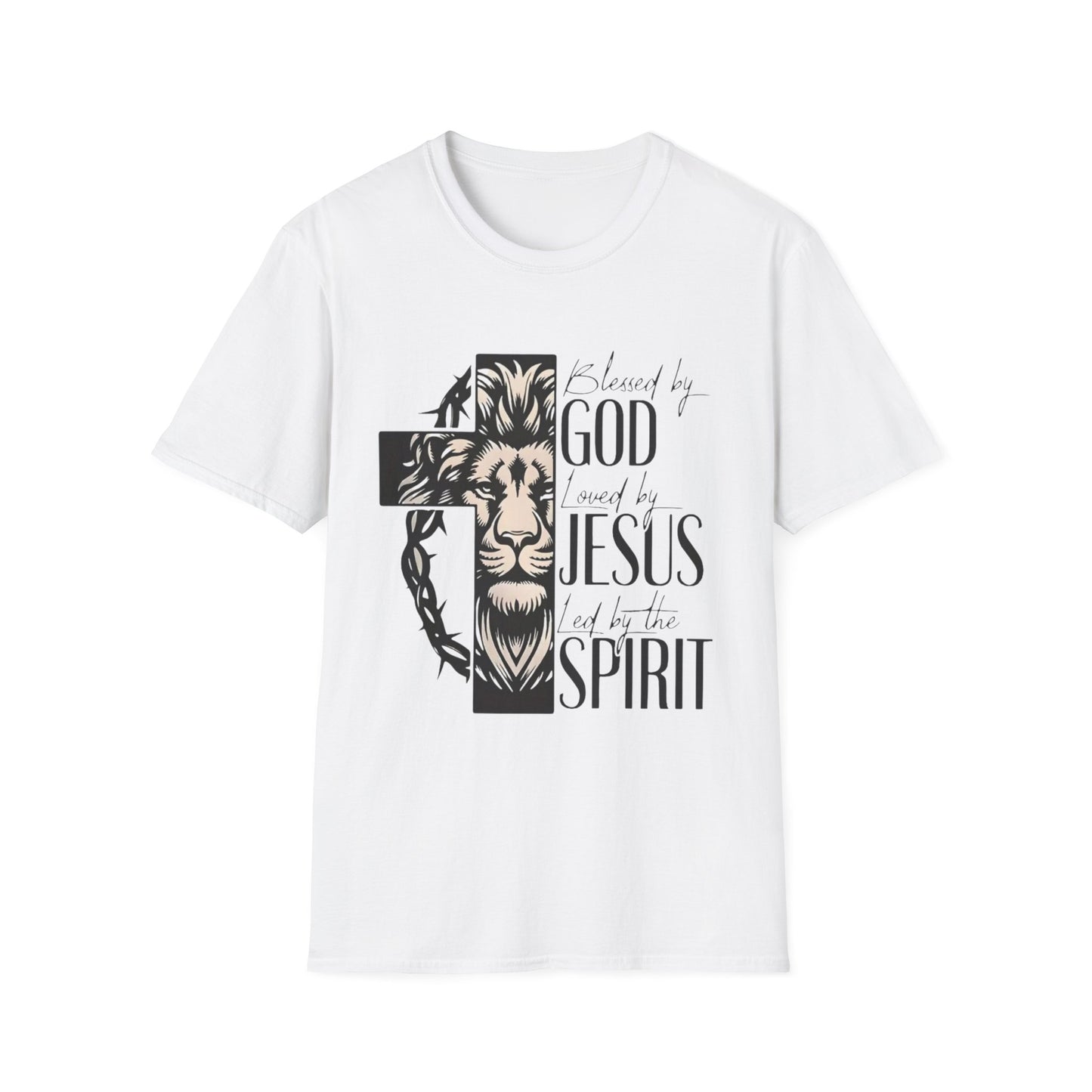 Faith Lion Cross T-Shirt — 'Saved by God, Saved by Jesus, Led by the Spirit' Christian Tee