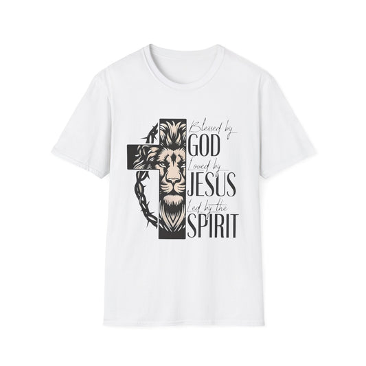 Faith Lion Cross T-Shirt — 'Saved by God, Saved by Jesus, Led by the Spirit' Christian Tee