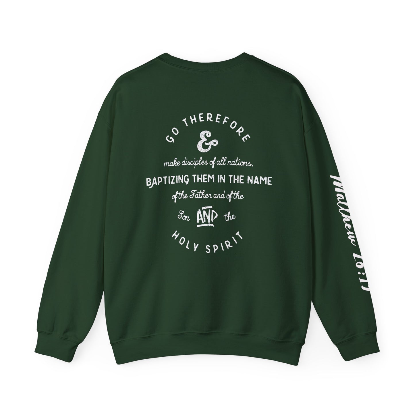 Faith Cross Crewneck Sweatshirt — "Matthewn28:19" Baptism Verse Christian Pullover