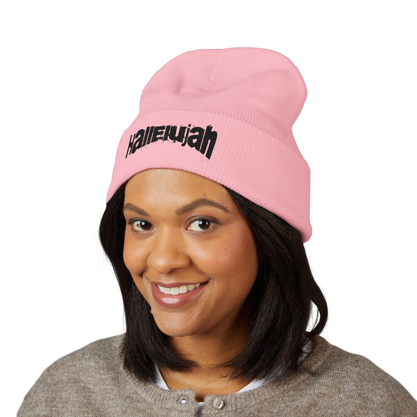 Hallelujah Embroidered Cuffed Beanie — Classic Knit Winter Hat