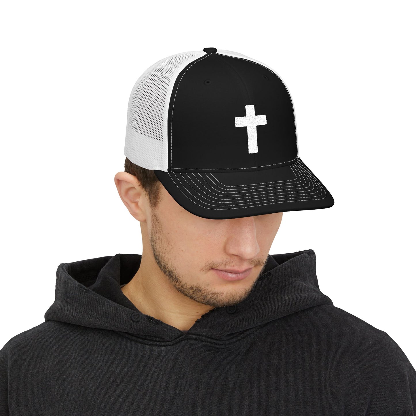 Embroidered Cross Trucker Snapback Cap — Christian Faith Mesh Hat