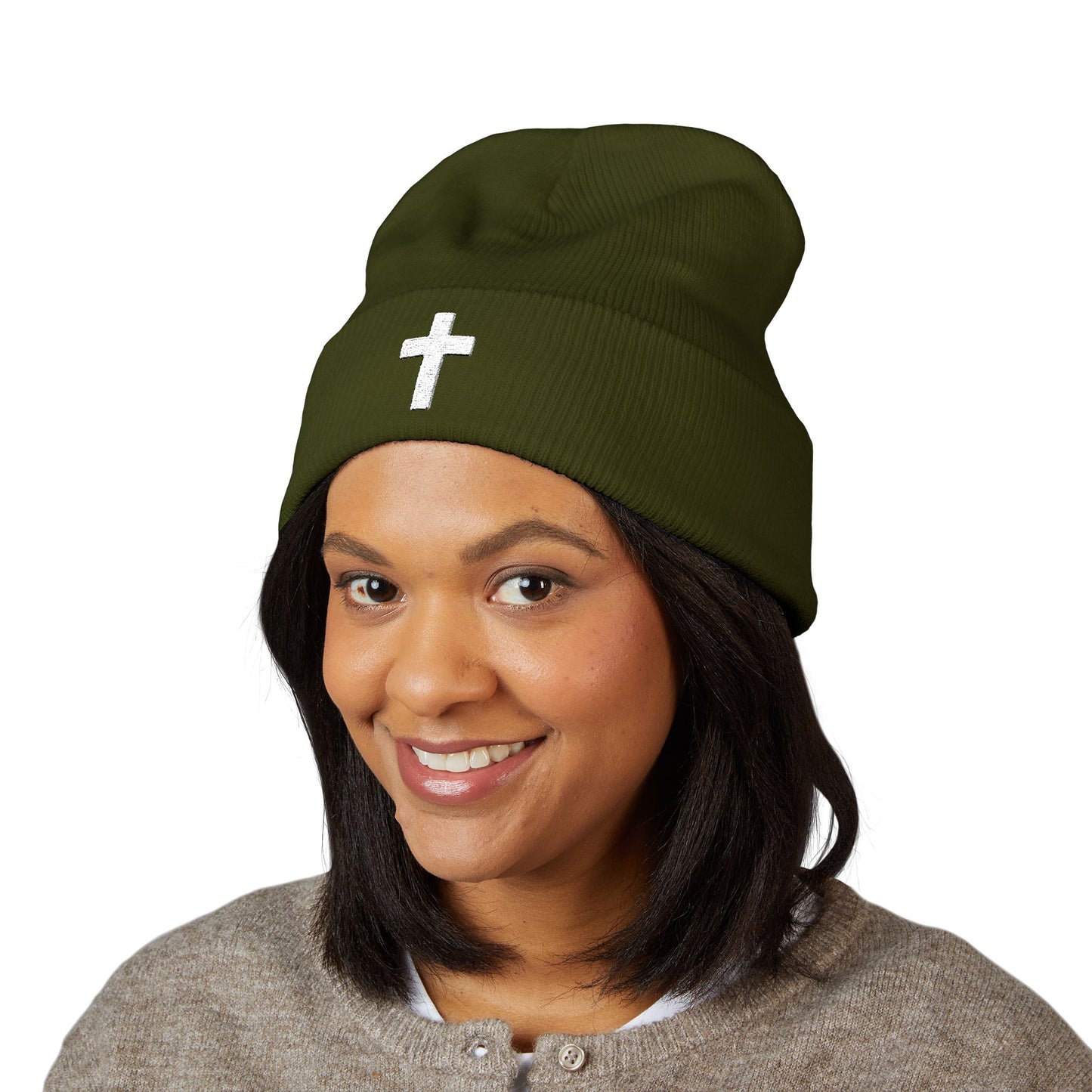 Embroidered Cross Cuffed Beanie — Classic Christian Knit Hat