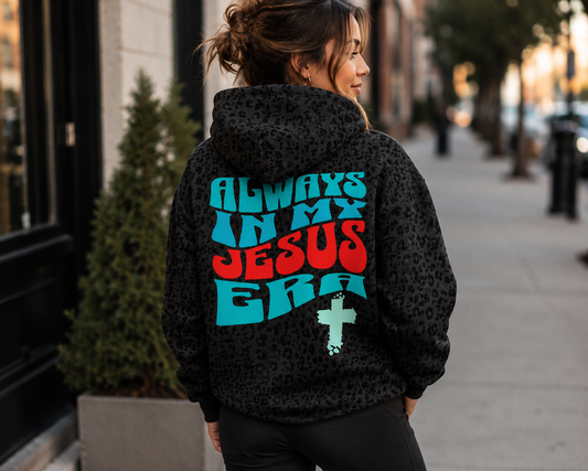 Always In My Jesus Era Christian Hoodie | Retro Faith-Based Leopard Print Hoodie for Women