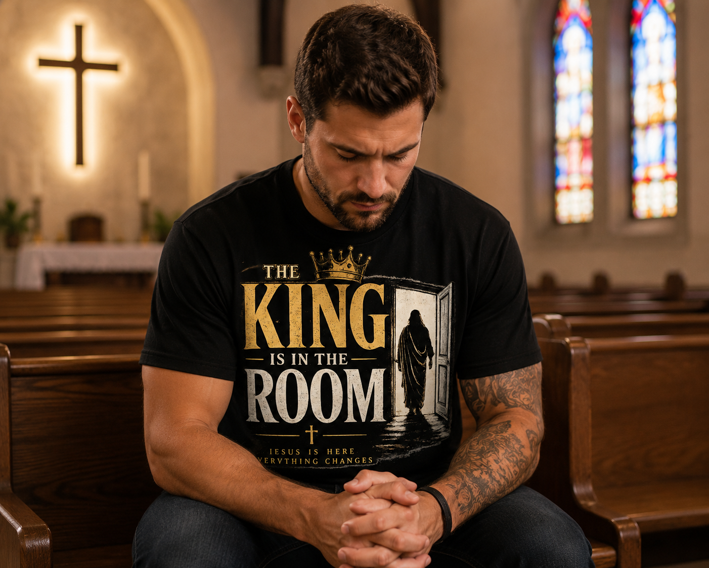 The King Is In The Room Christian T-Shirt | Jesus Is Here Everything Changes Faith-Based Graphic Tee