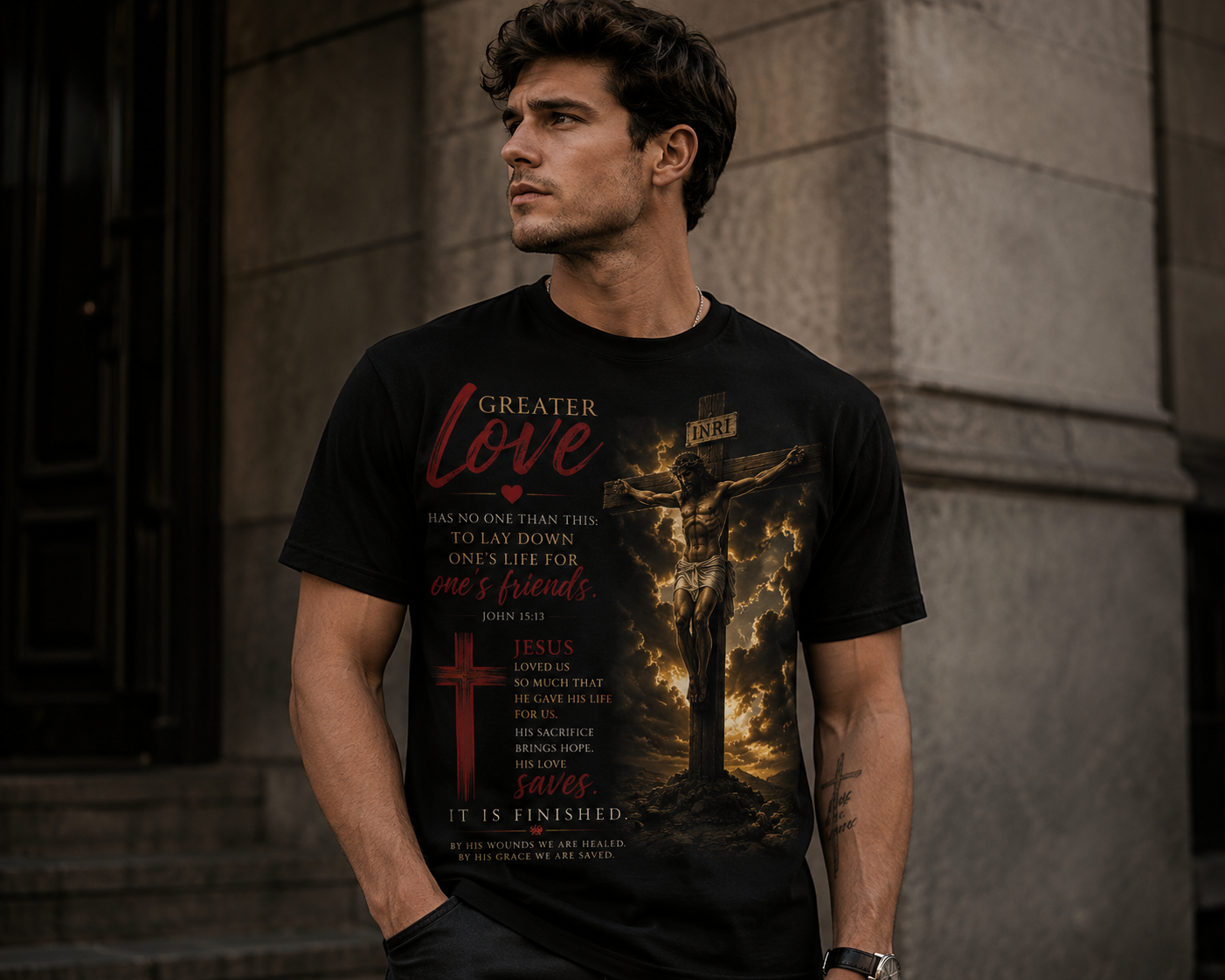 Freedom in Christ Christian T-Shirt | Empty Tomb & Greater Love Front Design | Faith-Based Graphic Tee