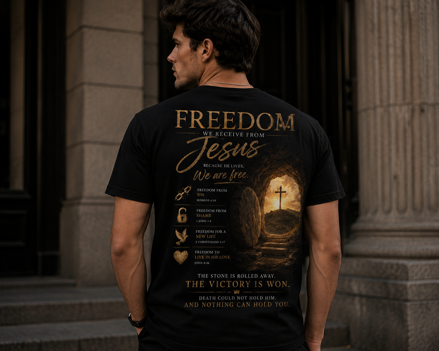 Freedom in Christ Christian T-Shirt | Empty Tomb & Greater Love Front Design | Faith-Based Graphic Tee