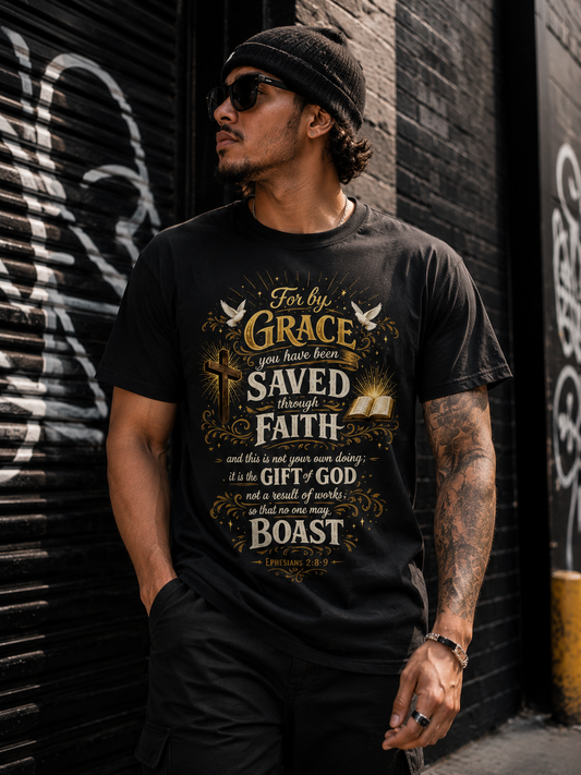 Ephesians 2:8-9 Christian T-Shirt | Saved by Grace Through Faith Shirt | Faith-Based Apparel