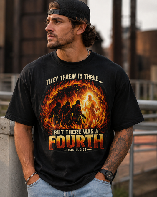 Christian T-Shirt — "But There Was a Fourth" Fiery Shadrach Meshach Abednego Design