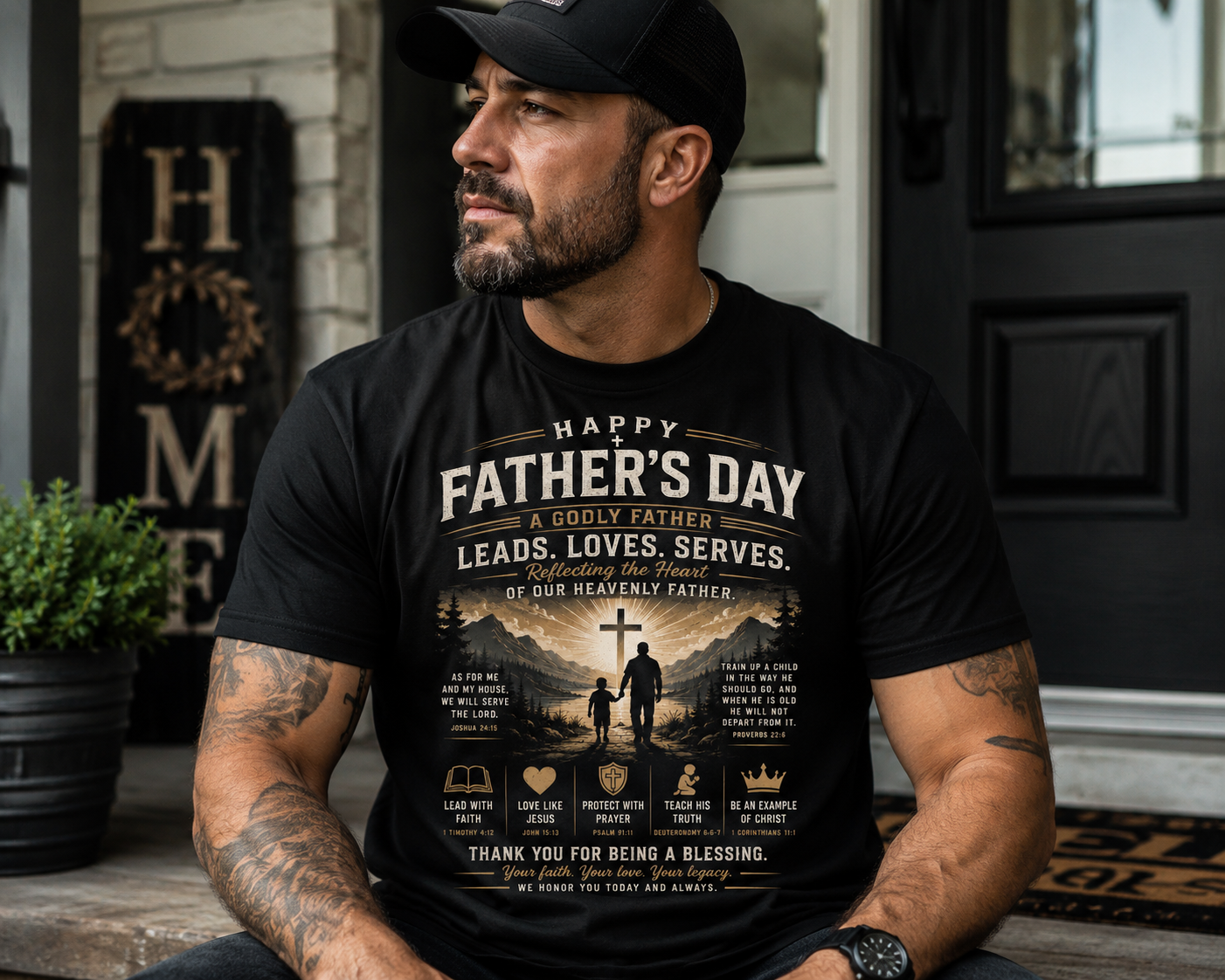 Christian Father's Day Shirt | A Godly Father Leads, Loves & Serves | Faith-Based Father's Day Gift